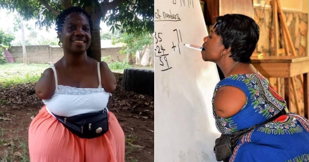 TwittFace24 A Ghanaian Teacher with no arms holding a chalk in her