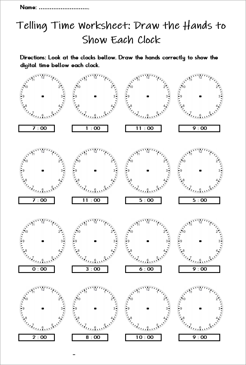 Telling Time Worksheet Draw the Hands to Show Each Clock