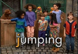 The kids show to Baby Bear the letter j with jumping. Sesame Street Do the Alphabet