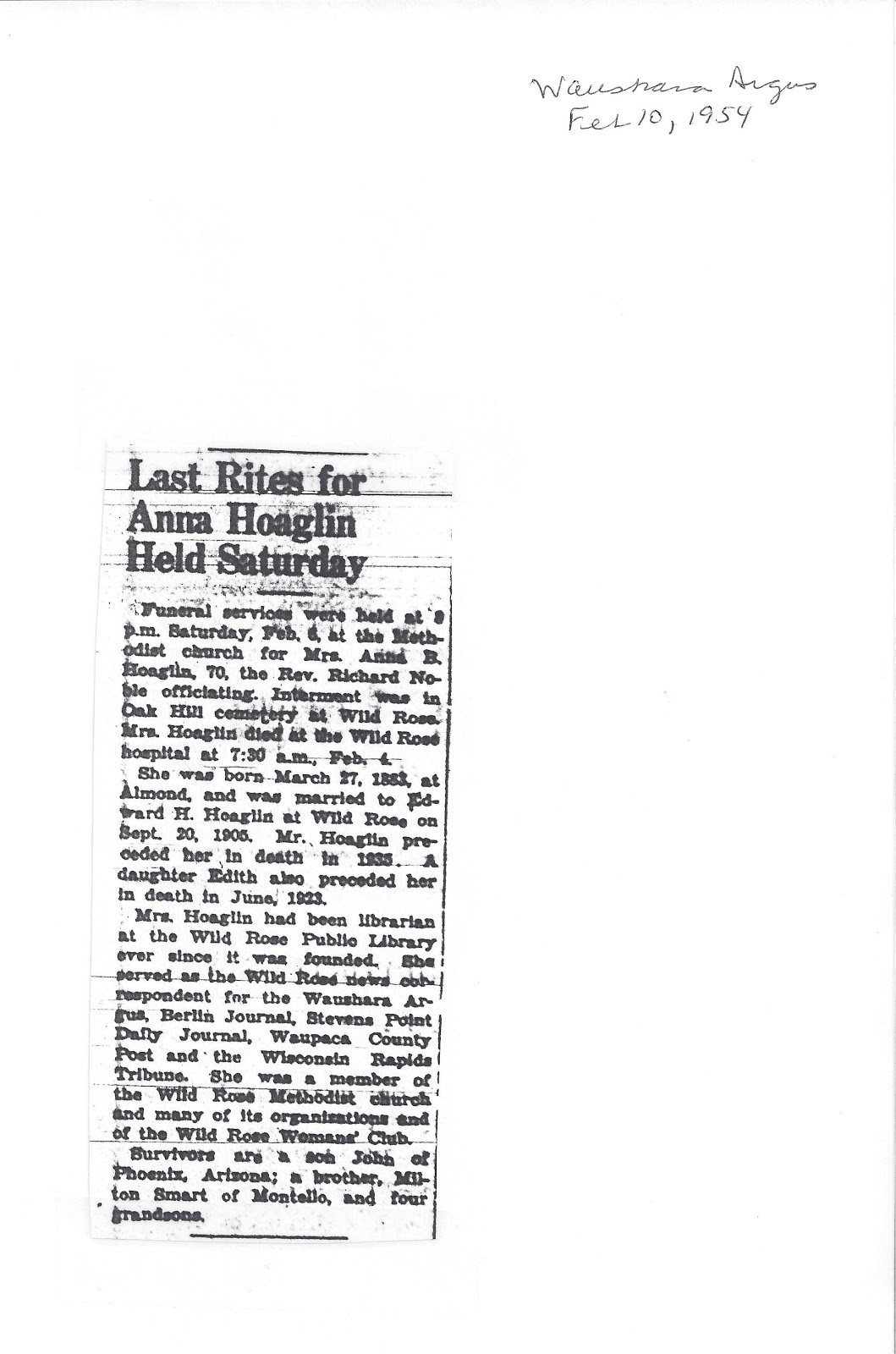 Pieces of Wild Rose, WI Area Genealogy and My Own Anna Smart Hoaglin's