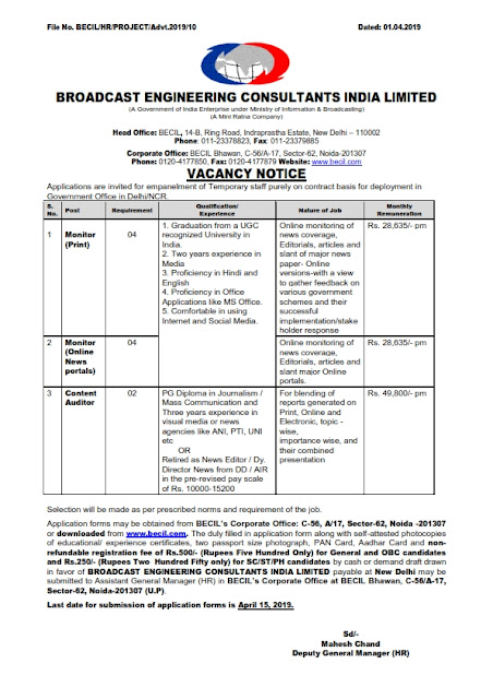 Monitor and content Auditor Post in BECIL, New Delhi(10 posts)