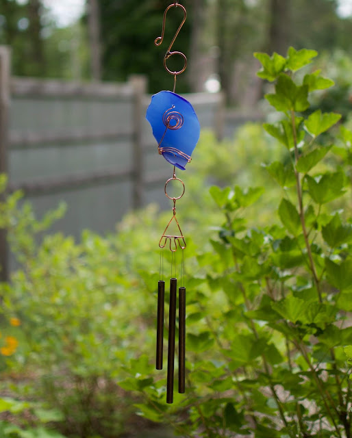 Cobalt blue glass, copper, antiqued brass wind chime by Coast Chimes
