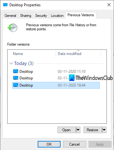 ripristinare le versioni precedenti di file e cartelle in Windows 10 PC