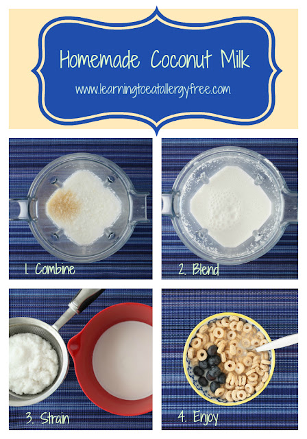 Coconut Milk is easy to make at home from coconut flakes. Recipe at Learning to Eat Allergy-Free