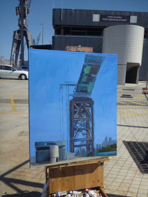 Plein air painting of the Hammerhead Crane before its demolition at Garden Island painted by industrial heritage artist Jane Bennett