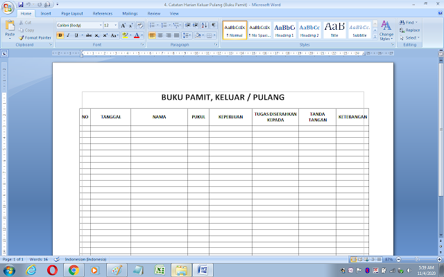 Format catatan harian guru pulang/keluar, dan pamit