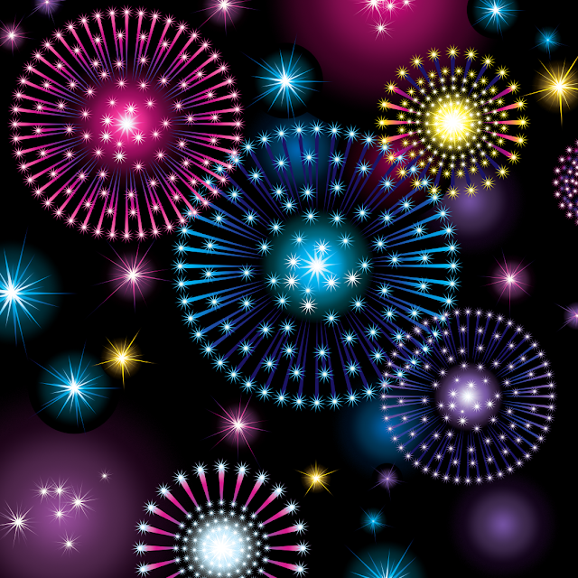 Digital illustration of colourful fireworks on a black background