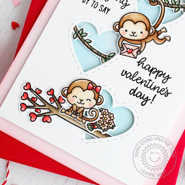 Sunny Studio Stamps: Love Monkey Stitched Hearts Valentines Day Card by Leanne West