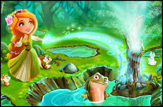 CastleVille Legends, CVL game, A redhead woman with a flower in her hair is casting magic before a magical fish in a pond