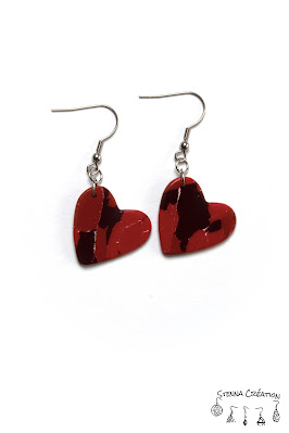 Boucles oreilles pâte polymère marbre rouge Sculpey Pardo Stenna Création