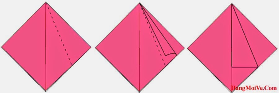 Bước 5: Gấp mép bên phải của hình tứ giác đều lại theo chiều từ trái sang phải (hình 2) ta được hình 3. Sau đó mở trở lại ra ngay. Mục đích để tạo thành nếp gấp.