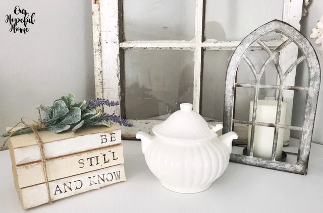 Be Still And Know hand-stamped book bundle mantel decor soup tureen