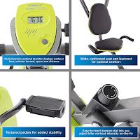 Stamina Wonder Exercise Bike's features include Digital LCD monitor, adjustable semi-recumbent seat, textured pedals, adjustable resistance Tension Dial, image