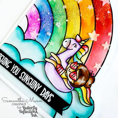 Wishing You Sunshiny Days Card by Samantha Mann, Avery Elle, Zig Clean Color Real Brush Markers, Shaped Card, #averyelle #zigmarkers #rainbow #cards #stencil #shapedcards