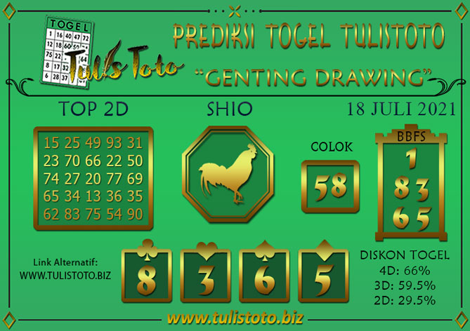 Prediksi Togel GENTING DRAWING TULISTOTO 18 JULI 2021