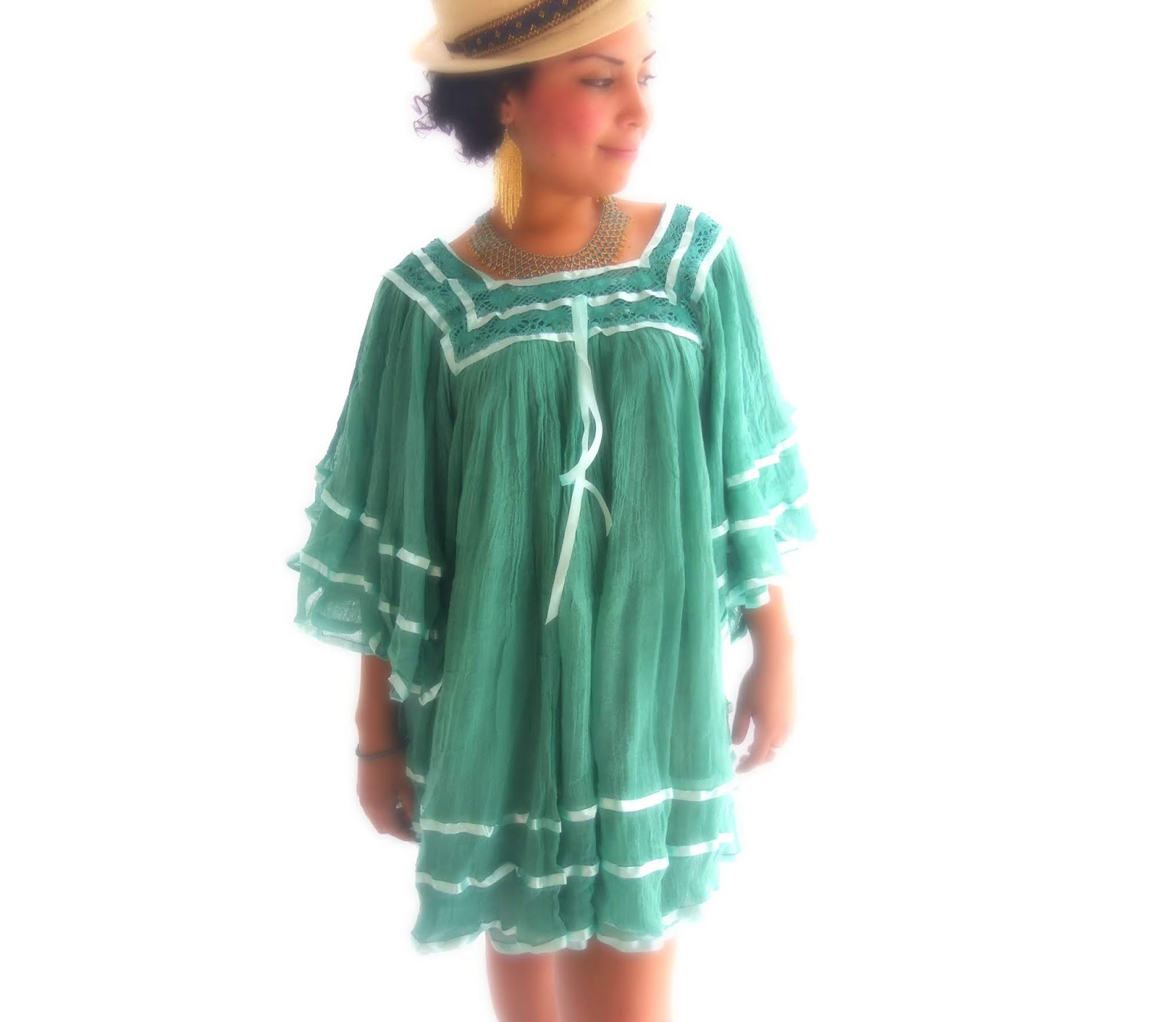 ELY PALMER MEXICAN CROCHET 1970`s GAUZE DRESS
