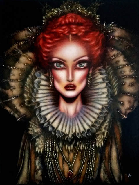 painting of Queen Elizabeth I with intense blue eyes a collar and pearls by tiago azevedo a lowbrow pop surrealism artist