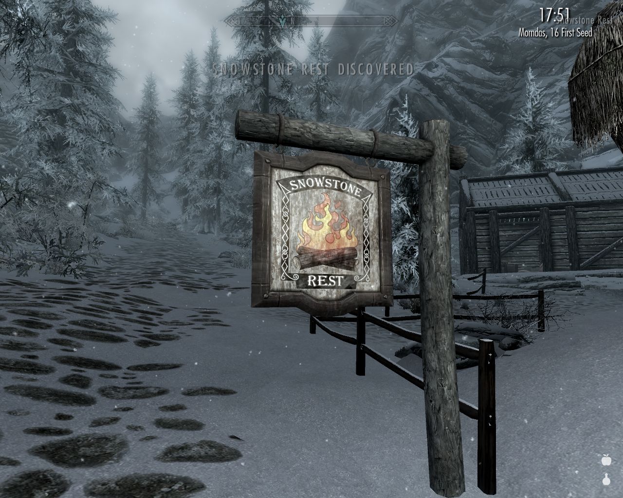 road leads straight ahead through a snowy spruce forest, a sign of the inn in the foreground, a shack ahead