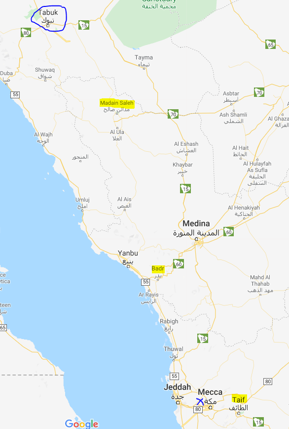 Tebük-Medine arasını gösteren harita