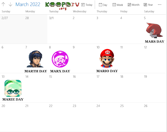 March 2022 calendar Mars Marth Marx Mario Marie Day MAR5 MAR7 MAR8 MAR10 MAR13 Nintendo characters