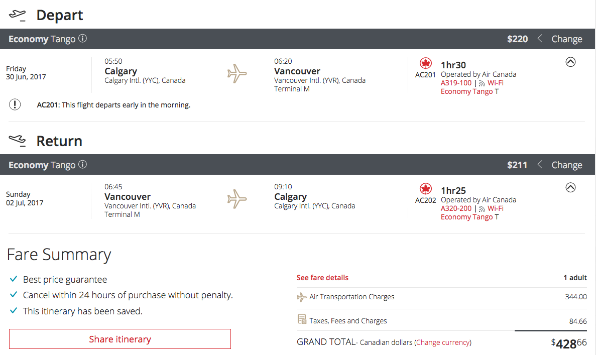 Air Canada Points Redemption Chart
