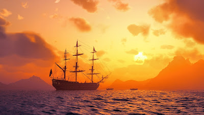 Sunset Ship at Sea Wallpaper