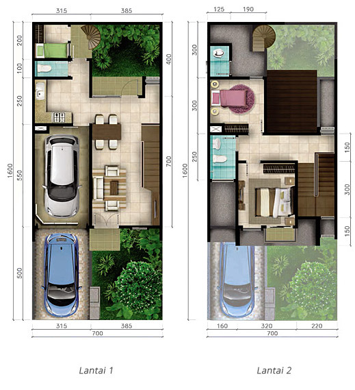 Lingkar Warna Denah Rumah Minimalis Ukuran 7x16 Meter 3 Kamar