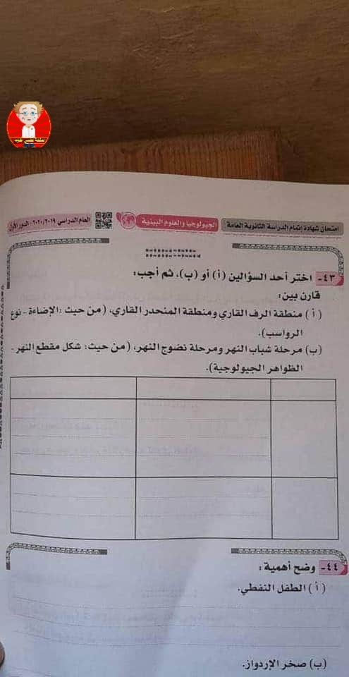 امتحان الجيولوجيا للثانوية العامة 2020