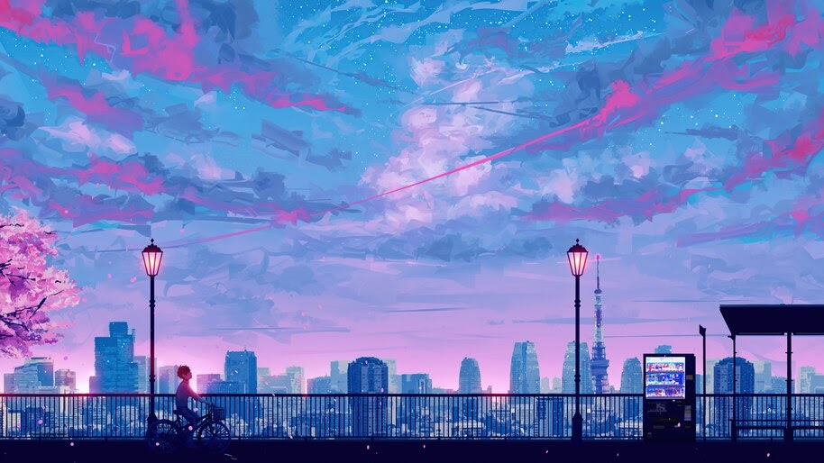 Night, Scenery, Anime, Boy, Riding, Bicycle, Sky, City, Landscape, 8K
