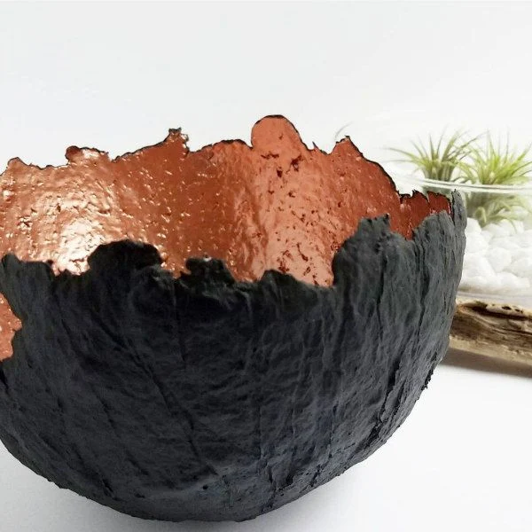 rustic paper pulp bowl in black and copper