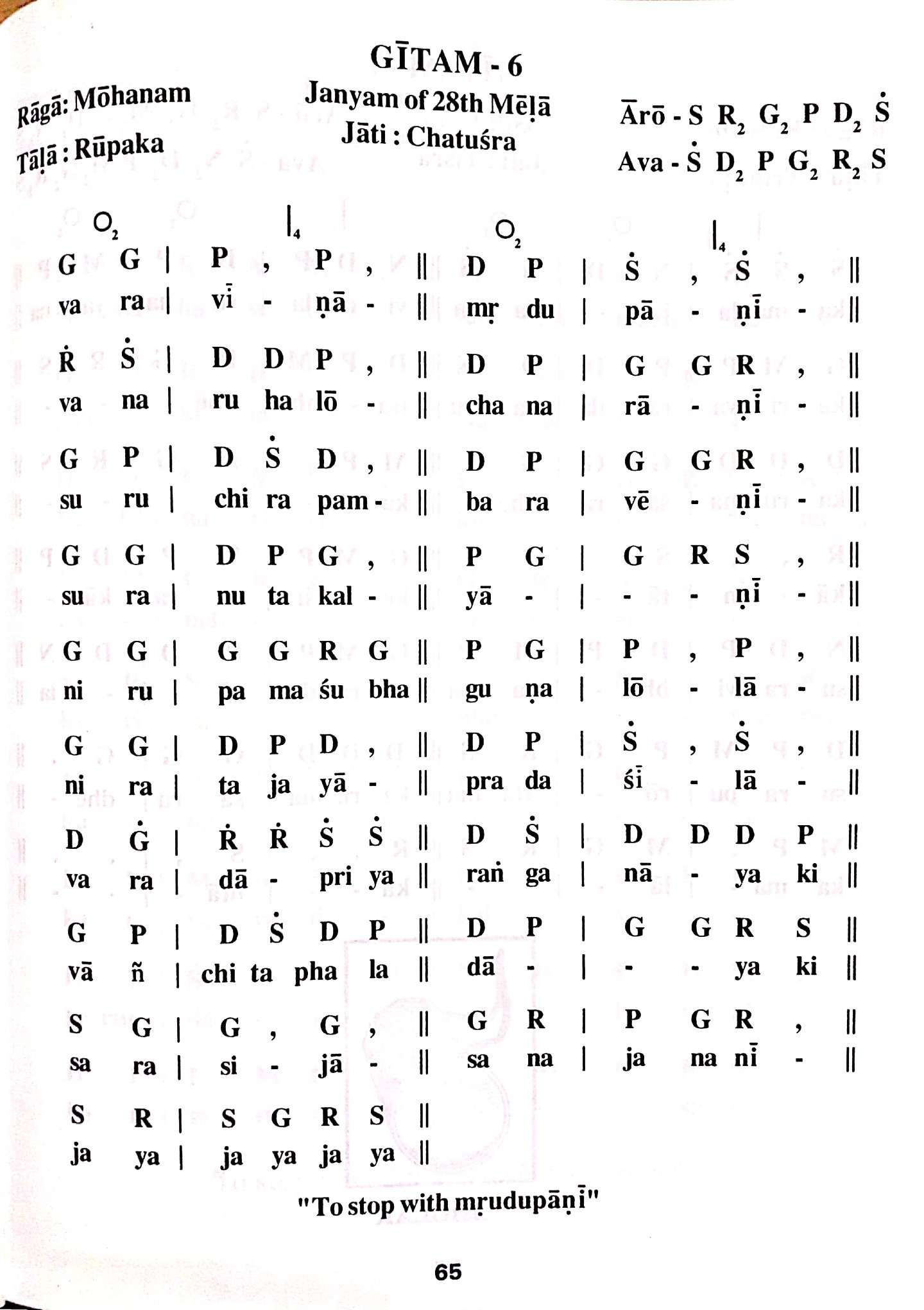SRI RAGA MUSIC SCHOOL MOHANAM 6TH GEETHAM NOTES