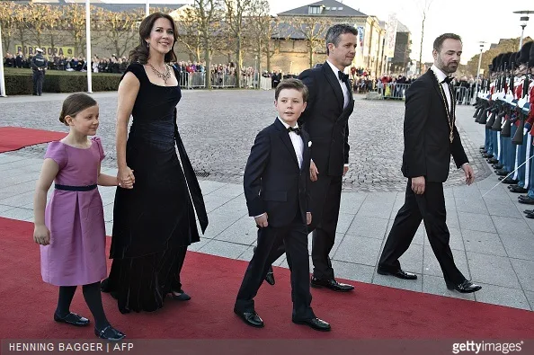Danish Crown Prince Frederik, Crown Princess Mary, Prince Christian and Princess Isabella arrive for the Queen's birthday event at the Concert Hall Aarhus