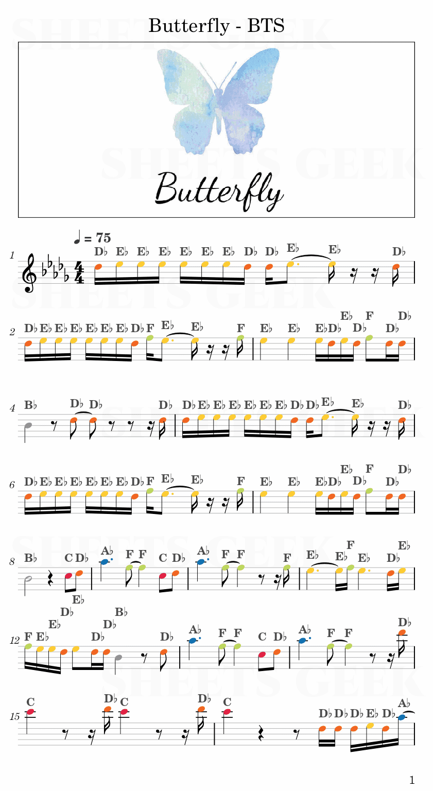 Butterfly - BTS Easy Sheet Music Free for piano, keyboard, flute, violin, sax, cello page 1