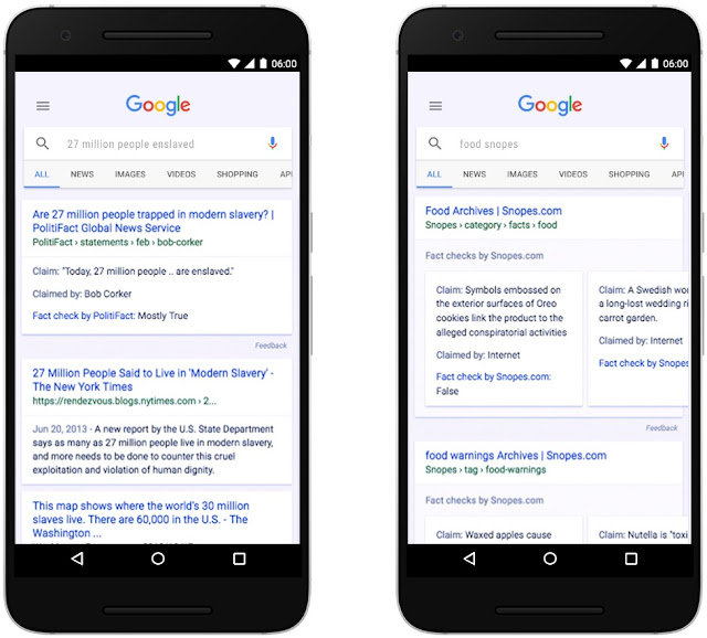 Ansicht des Faktencheck-Label in der Google Suche auf zwei Android-Handy-Bildschirmen.