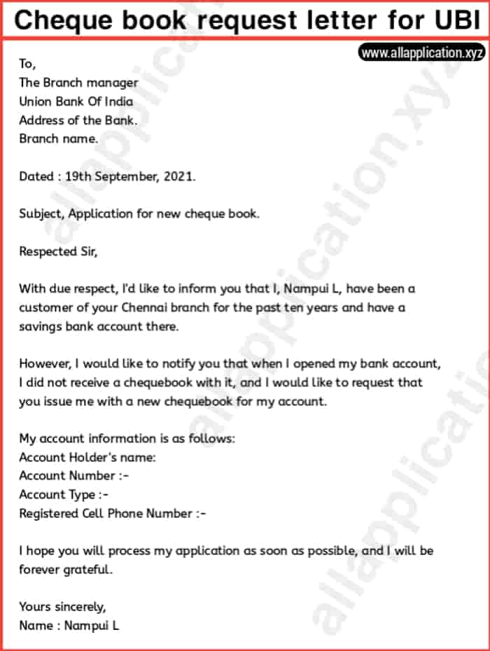 Cheque Book Request Letter For Union Bank Of India