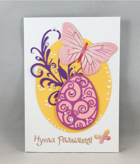 Pääsiäsikortti SapiDesign 2020 diecutting butterfly egg Easter card yellow violet SapiDesign