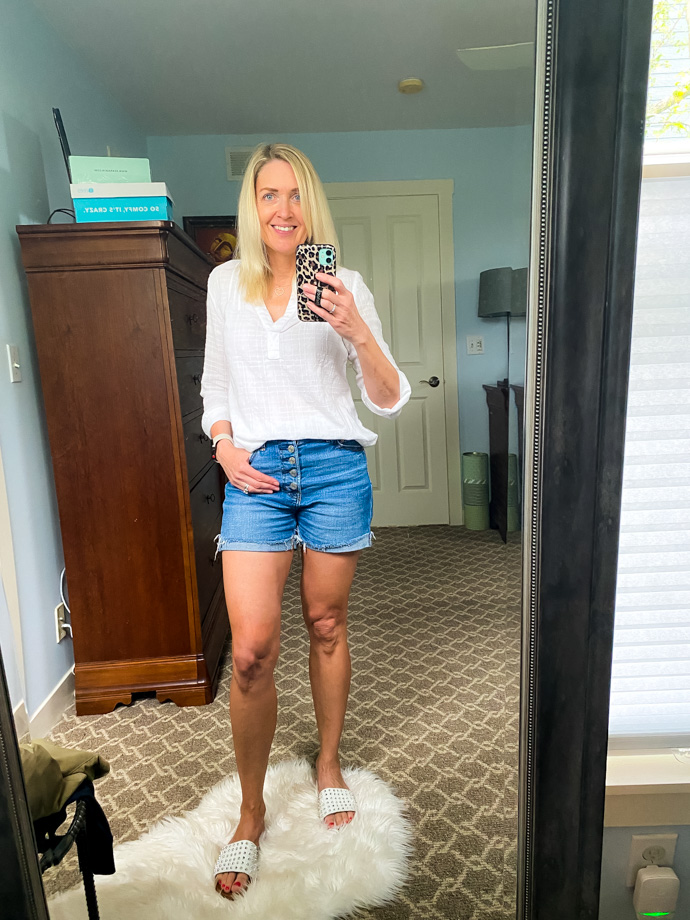 Button Front Shorts + White Popover Outfit