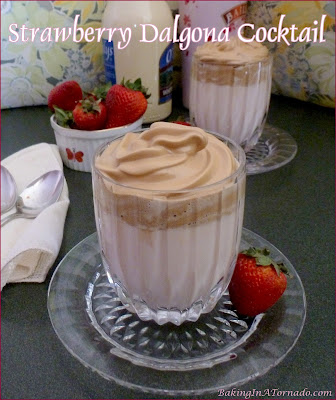 Strawberry Dalgona Cocktail is a strawberry flavored creamy cocktail topped with a creamy whipped coffee. | Recipe developed by www.BakedInATornado.com | #recipe #cocktail