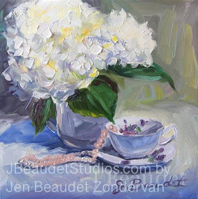 Hydrangeas with tea cup by J Beaudet Zondervan