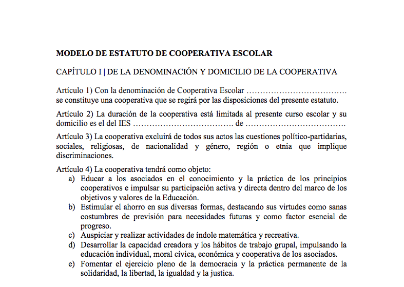Cooperativa escolar Modelo de estatuto de cooperativa escolar