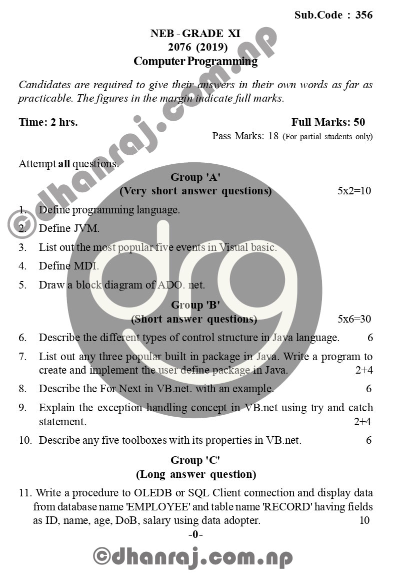 Computer Programming Grade 11XI Question Paper 20762019 Subject Code 356 NEB Dhan