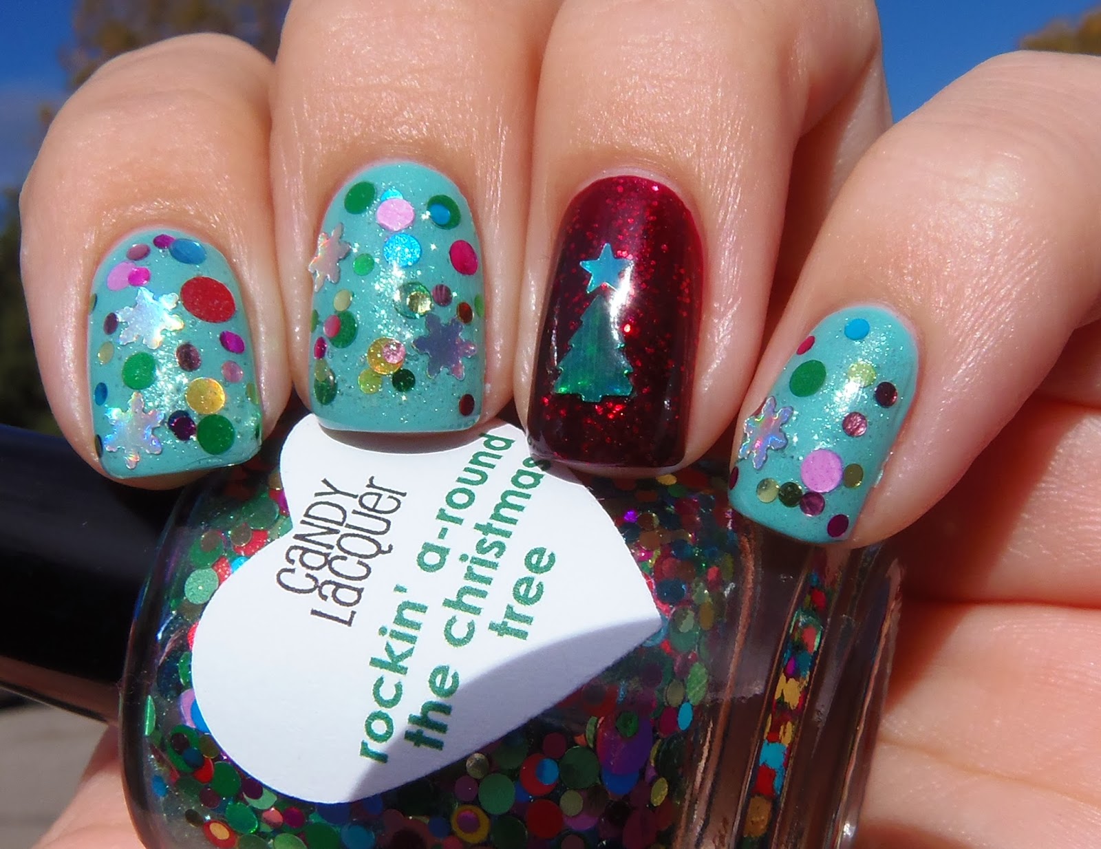 Sparkly Vernis: Festive Aqua Glitter Bomb with Red accent