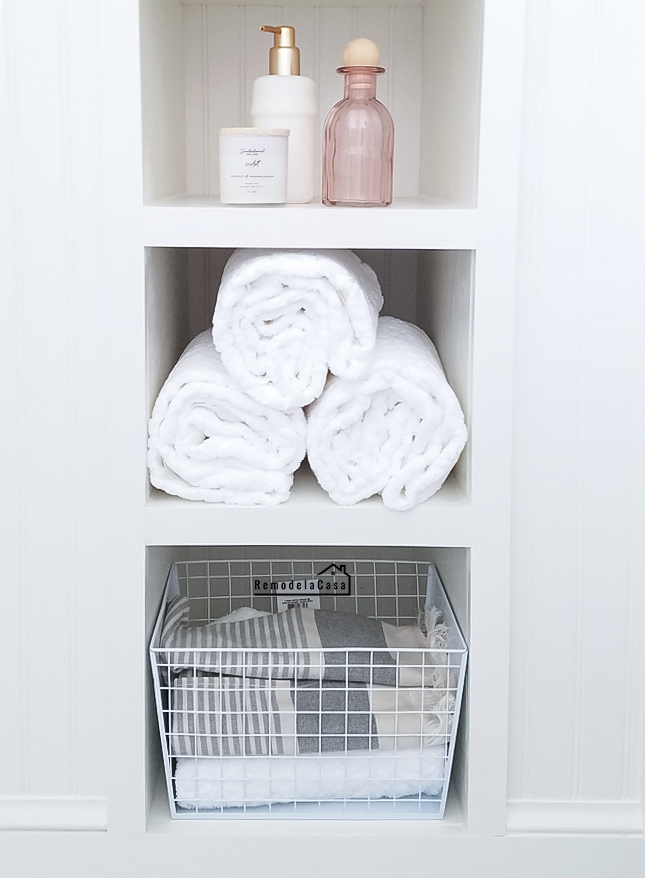 Bathroom Renovation Under the Eaves Storage Shelves Remodelando la Casa
