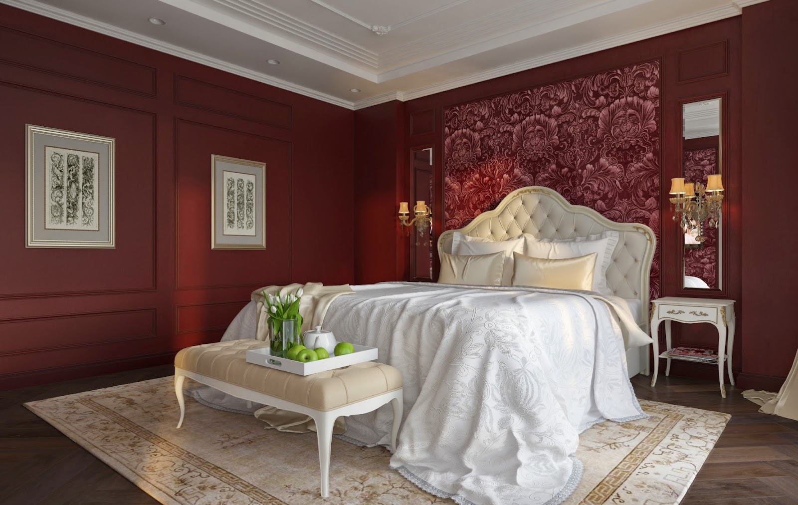 3d design: Bedroom in color of dark cherry