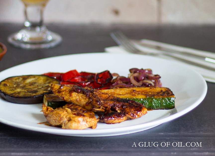 Chilli and honey chicken with grilled vegetables.