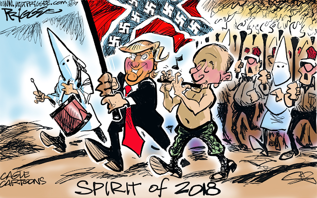 Title:  Spirit of 2018.  Image:  Vladimir Putin playing a fife and Donald Trump carrying a flag lead a mob of Klansmen and Red Hats.