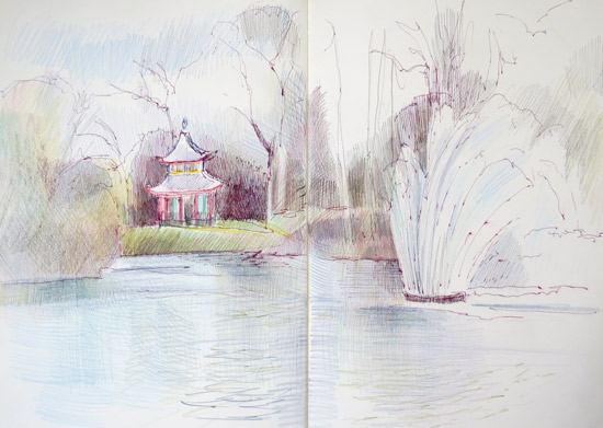 Victoria Park - West Lake: Chinese Pagoda and Fountain, pen and ink and coloured pencils