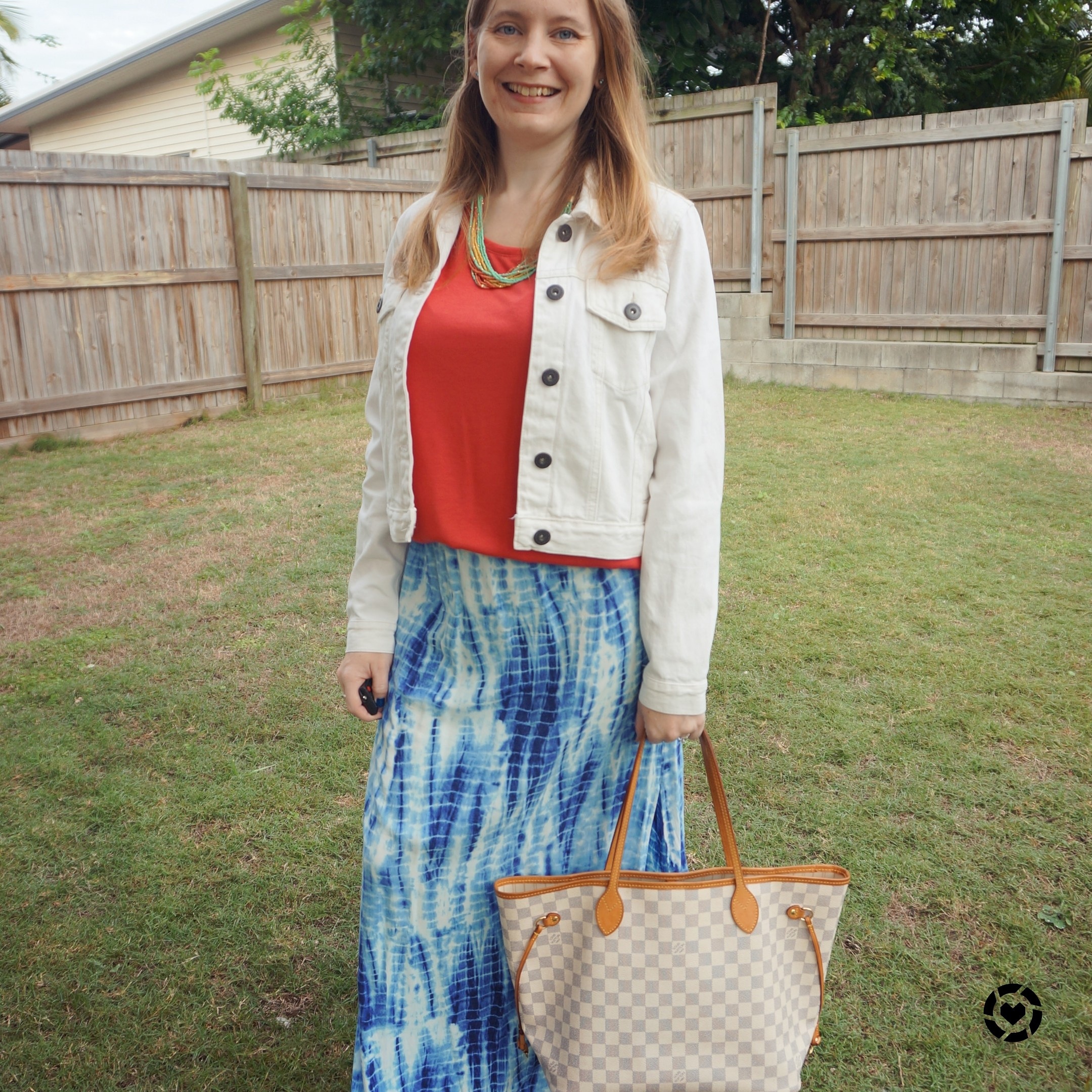 Away From Blue, Aussie Mum Style, Away From The Blue Jeans Rut: Blue and  Red: Printed Maxi Skirt Outfits With Louis Vuitton Neverfull