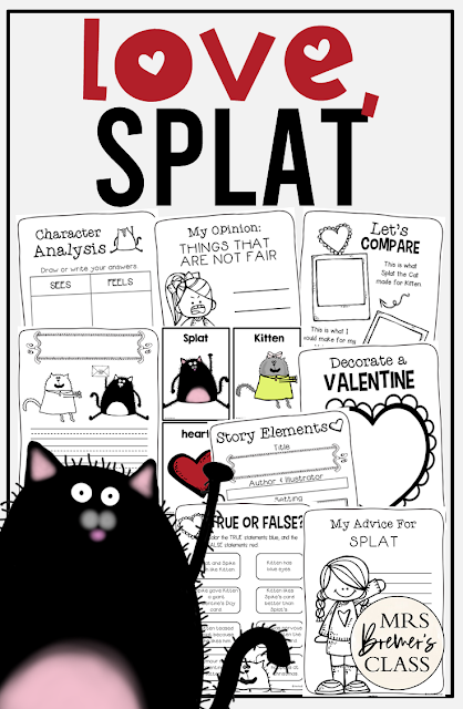 Love Splat book study activities unit with Common Core aligned literacy activities for Valentine's Day in Kindergarten and First Grade