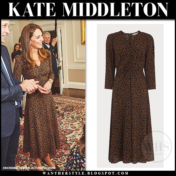 Kate Middleton in brown printed midi dress at Kensington Palace on ...